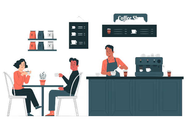 カフェで人々が雑談している風景のイラスト